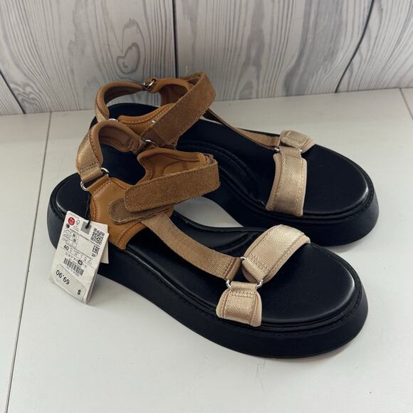 New Zara Strappy Sandals EU 40 US 9 Platform Tan Upper Black Neutral - Picture 1 of 7